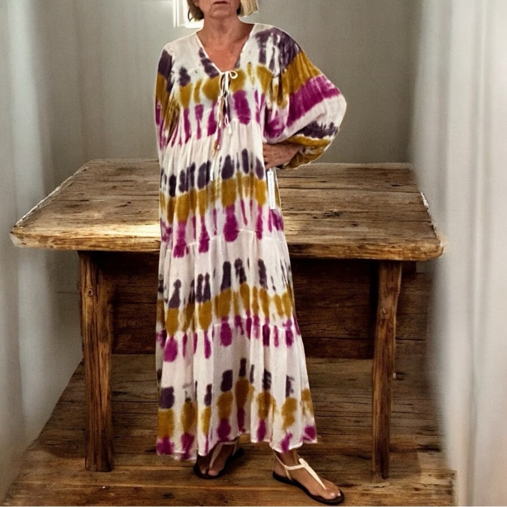 Young Fabulous & Broke Tie-Dye Maxi Dress in Purple, Gold, and White